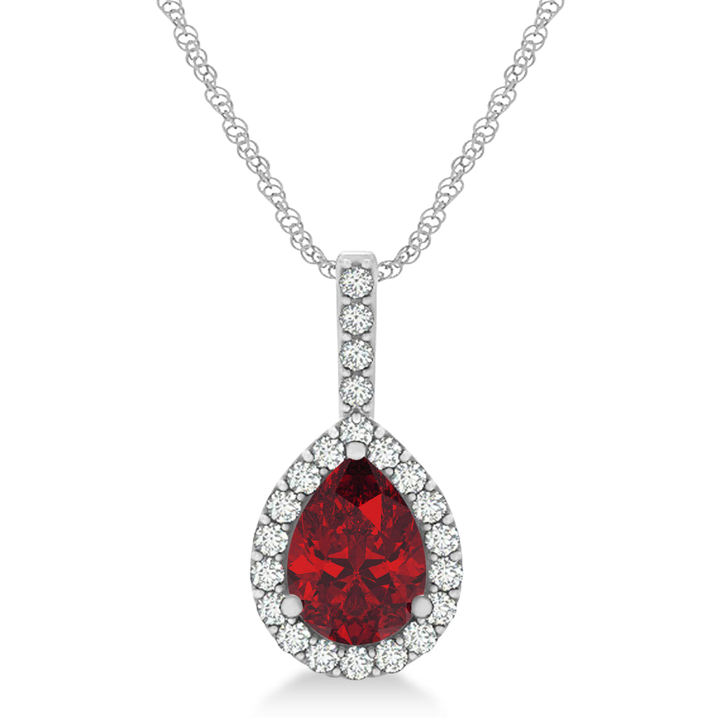 Pear Shape Diamond & Ruby Halo Pendant 14k White Gold 1.25ct