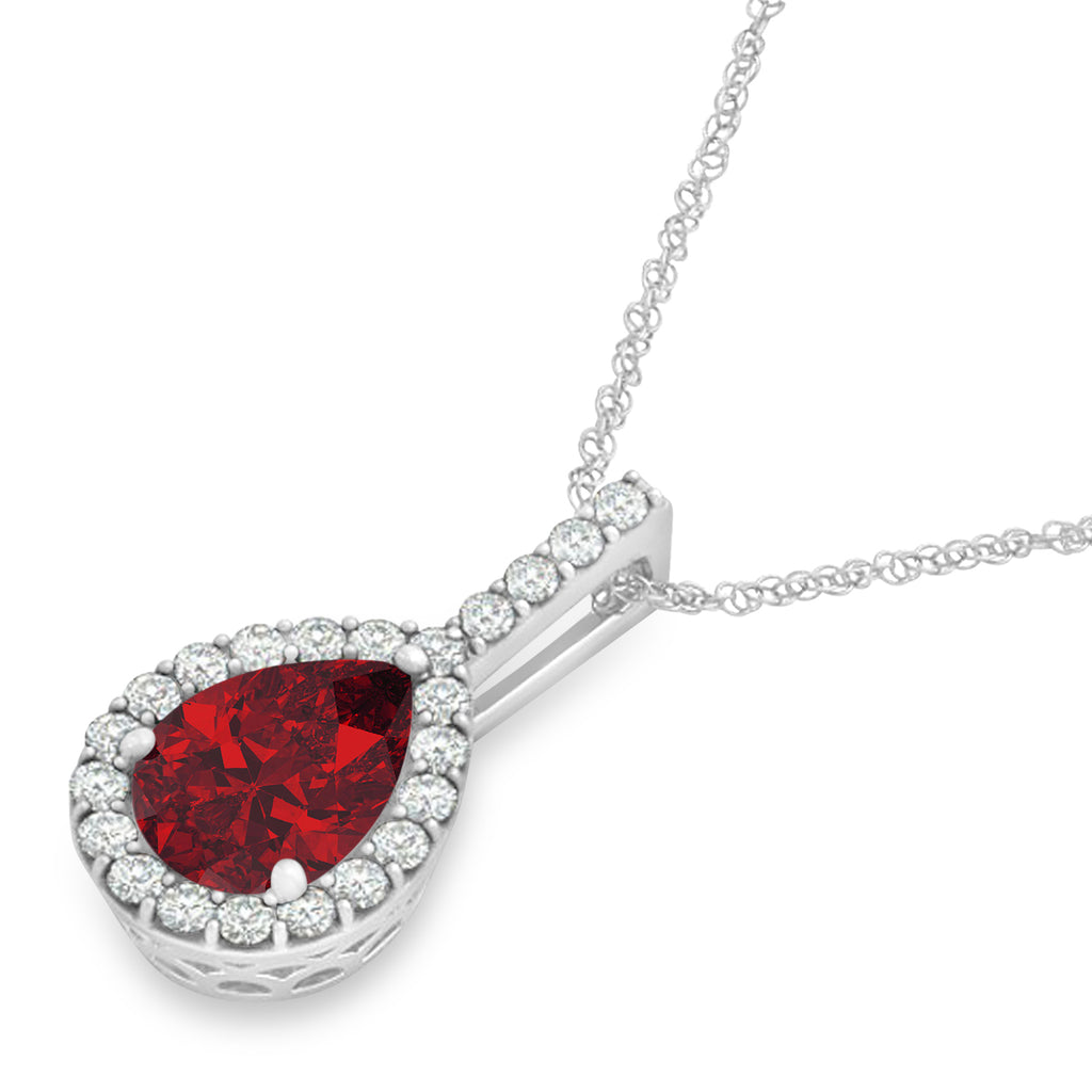 Pear Shape Diamond & Ruby Halo Pendant 14k White Gold 1.25ct