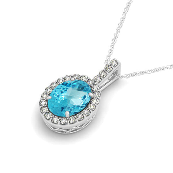 Blue Topaz & Diamond Halo Oval Pendant Necklace 14k White Gold (1.27ct)