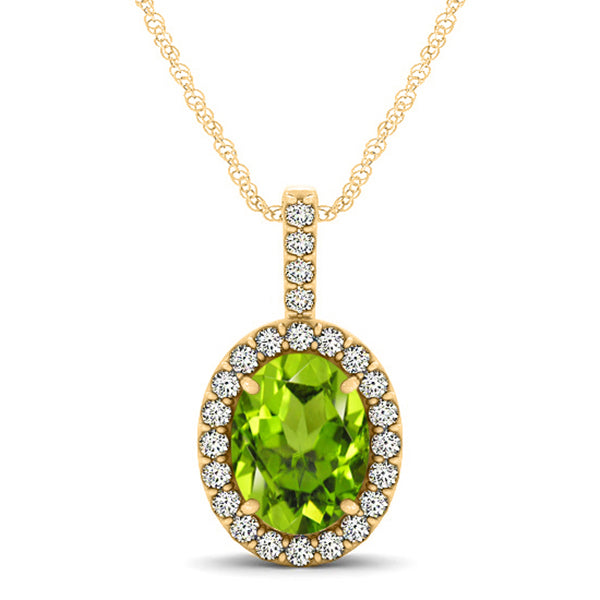 Peridot & Diamond Halo Oval Pendant Necklace 14k Yellow Gold (1.12ct)