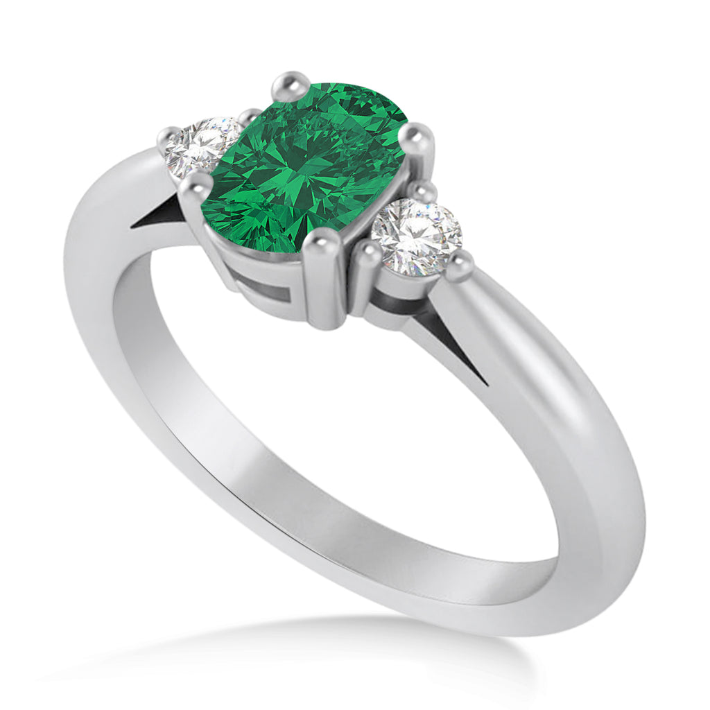 Cushion Emerald & Diamond Three-Stone Engagement Ring 14k White Gold (1.14ct)