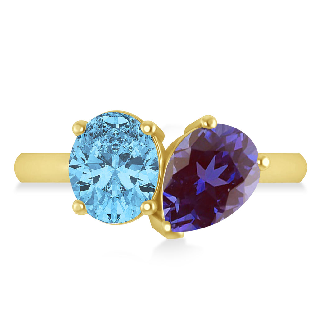 Oval/Pear Lab Alexandrite & Blue Topaz Toi et Moi Ring 14k Yellow Gold (4.50ct)
