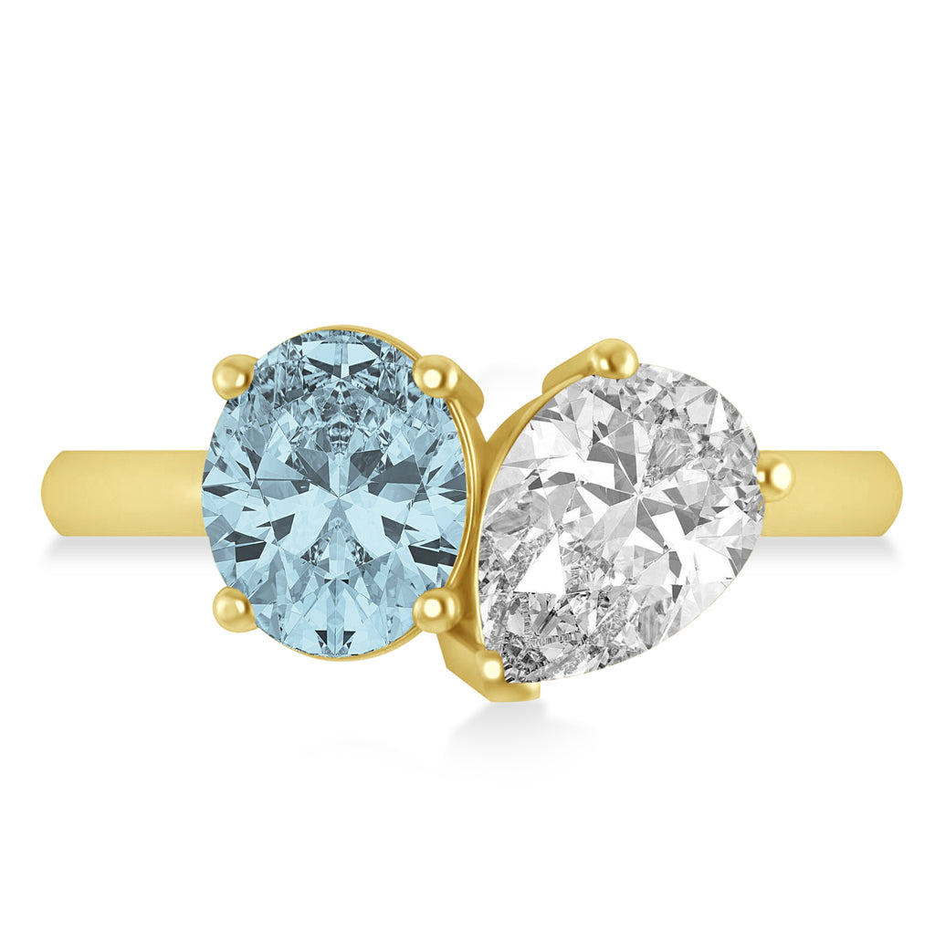 Oval/Pear Diamond & Aquamarine Toi et Moi Ring 18k Yellow Gold (4.50ct)
