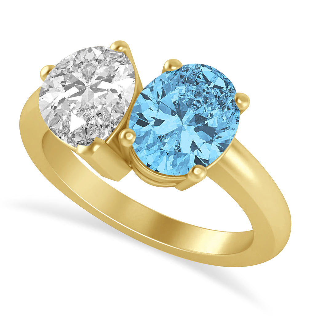Oval/Pear Diamond & Blue Topaz Toi et Moi Ring 14k Yellow Gold (4.50ct)