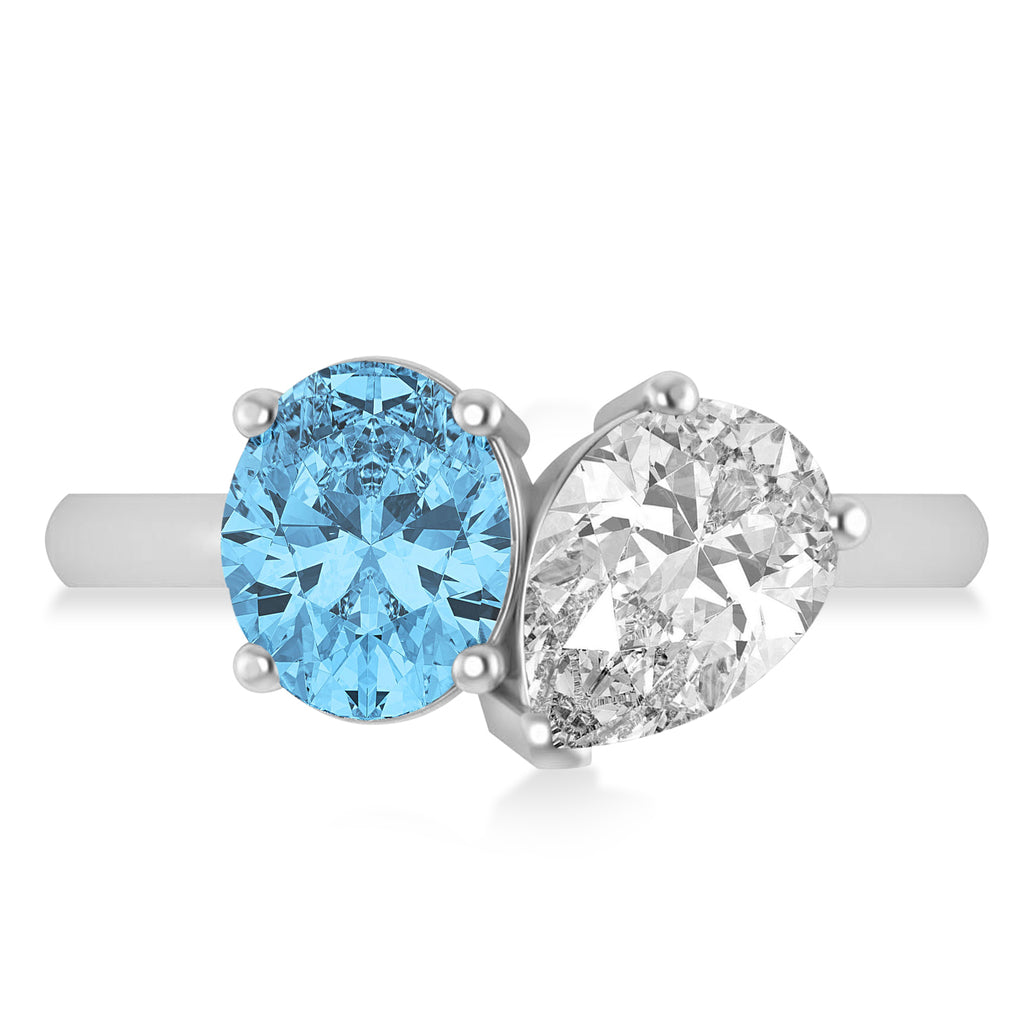 Oval/Pear Diamond & Blue Topaz Toi et Moi Ring 18k White Gold (4.50ct)
