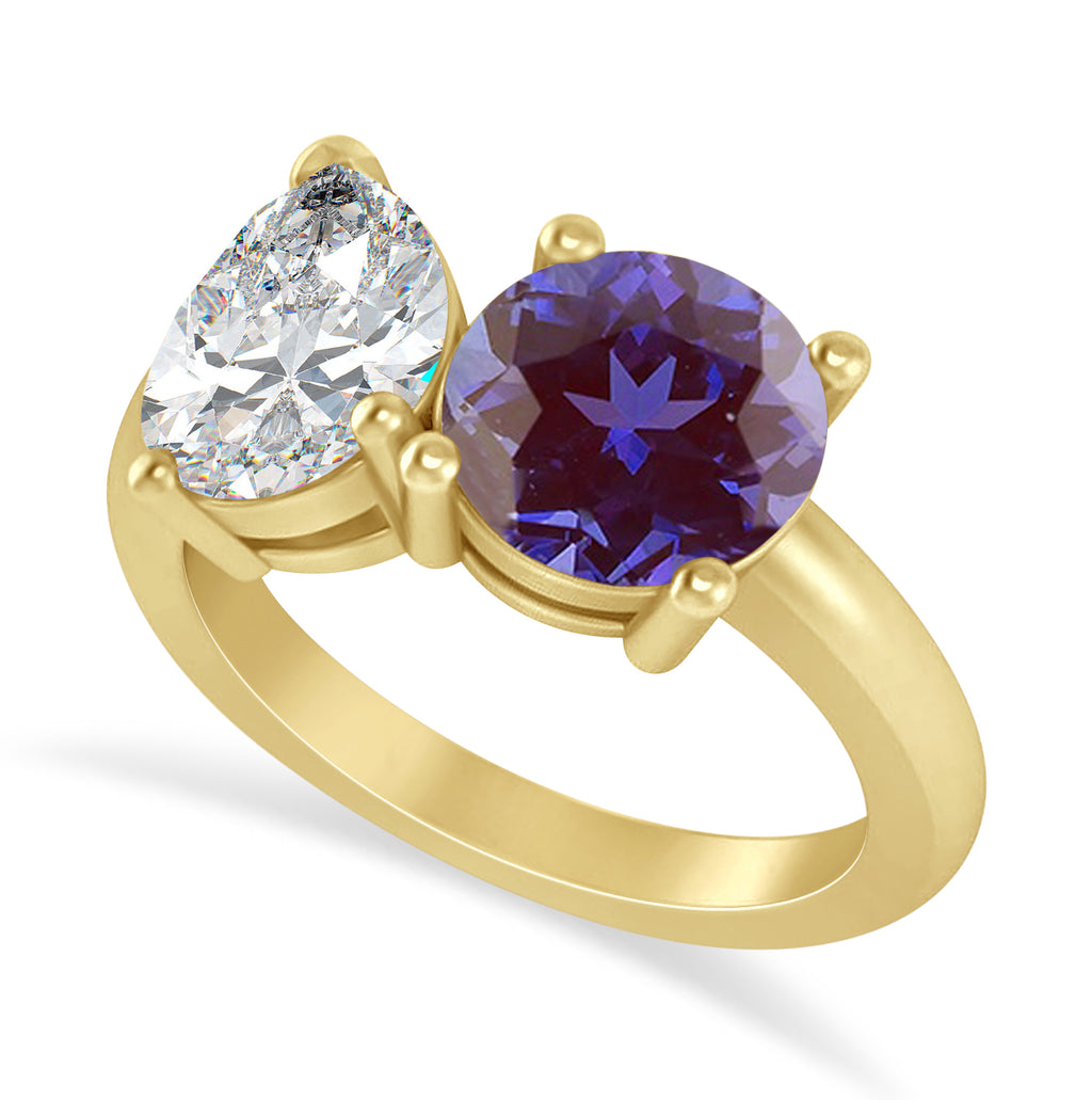 Round/Pear Diamond & Lab Alexandrite Toi et Moi Ring 18k Yellow Gold (4.00ct)