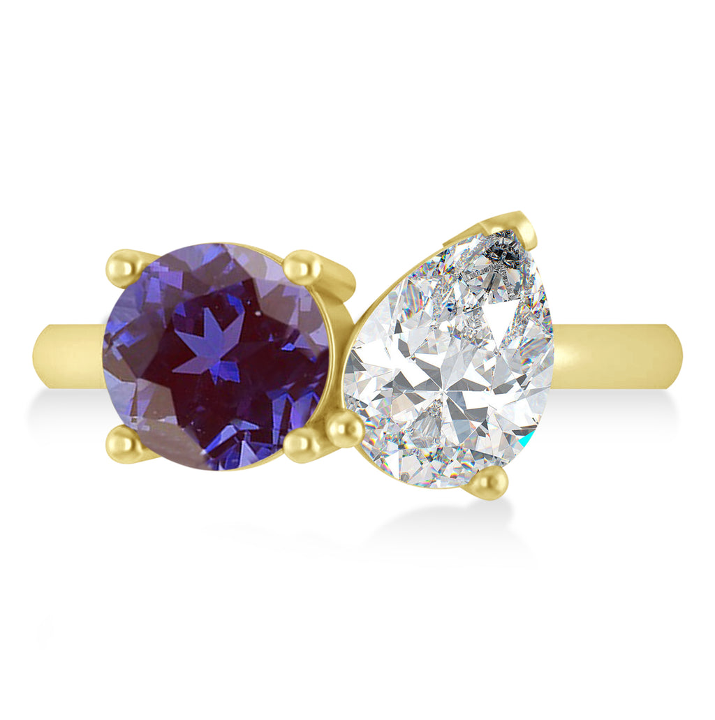 Round/Pear Diamond & Lab Alexandrite Toi et Moi Ring 18k Yellow Gold (4.00ct)