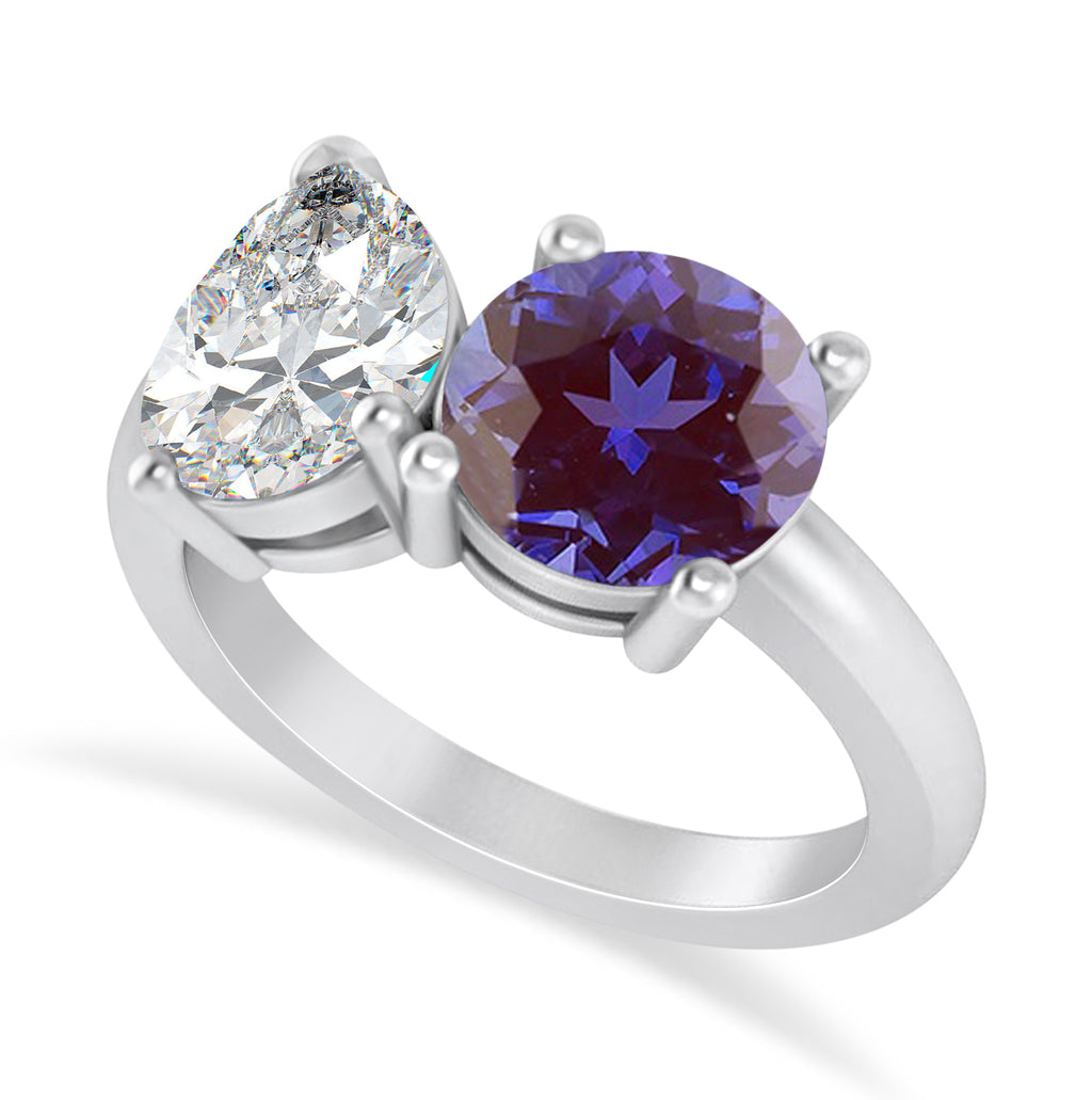 Round/Pear Diamond & Lab Alexandrite Toi et Moi Ring Platinum (4.00ct)