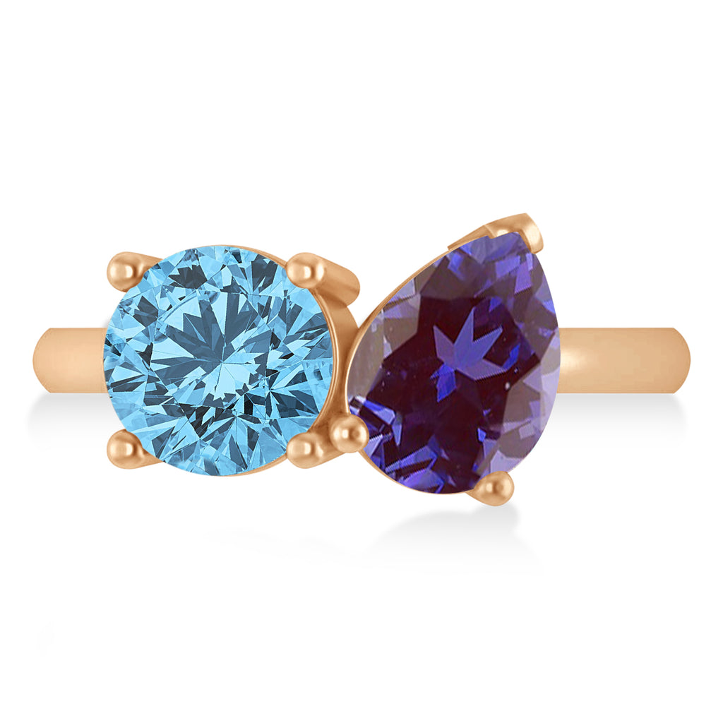 Round/Pear Lab Alexandrite & Blue Topaz Toi et Moi Ring 14k Rose Gold (4.00ct)