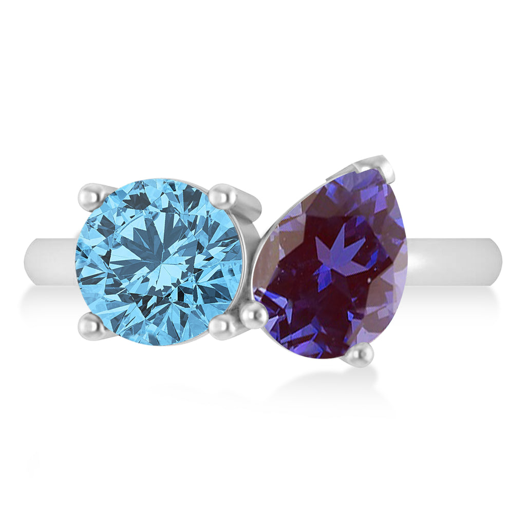 Round/Pear Lab Alexandrite & Blue Topaz Toi et Moi Ring 14k White Gold (4.00ct)