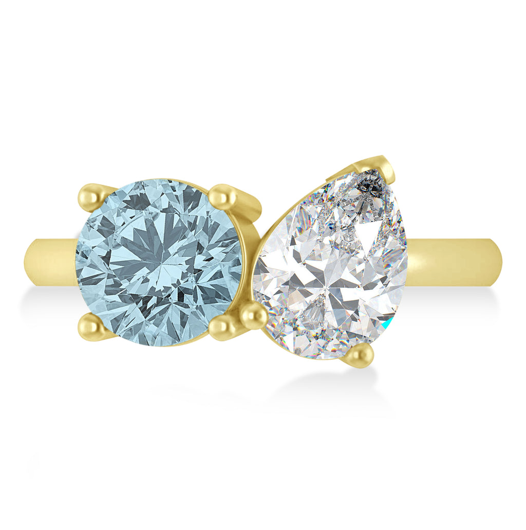 Round/Pear Diamond & Aquamarine Toi et Moi Ring 14k Yellow Gold (4.00ct)