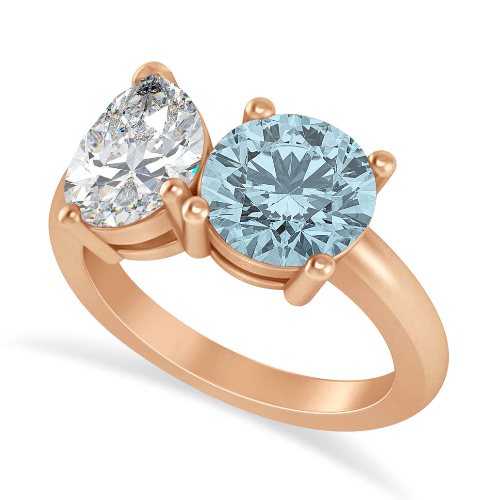 Round/Pear Diamond & Aquamarine Toi et Moi Ring 18k Rose Gold (4.00ct)