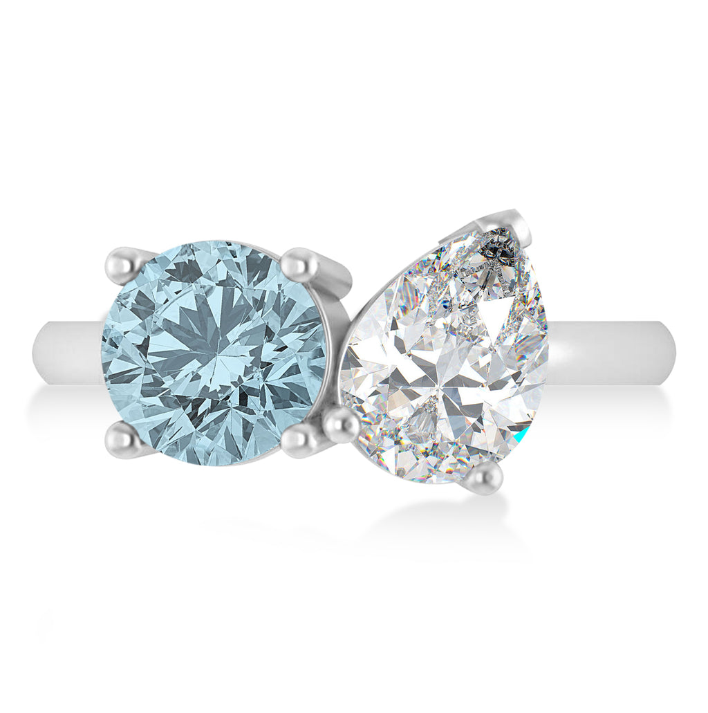 Round/Pear Diamond & Aquamarine Toi et Moi Ring 18k White Gold (4.00ct)