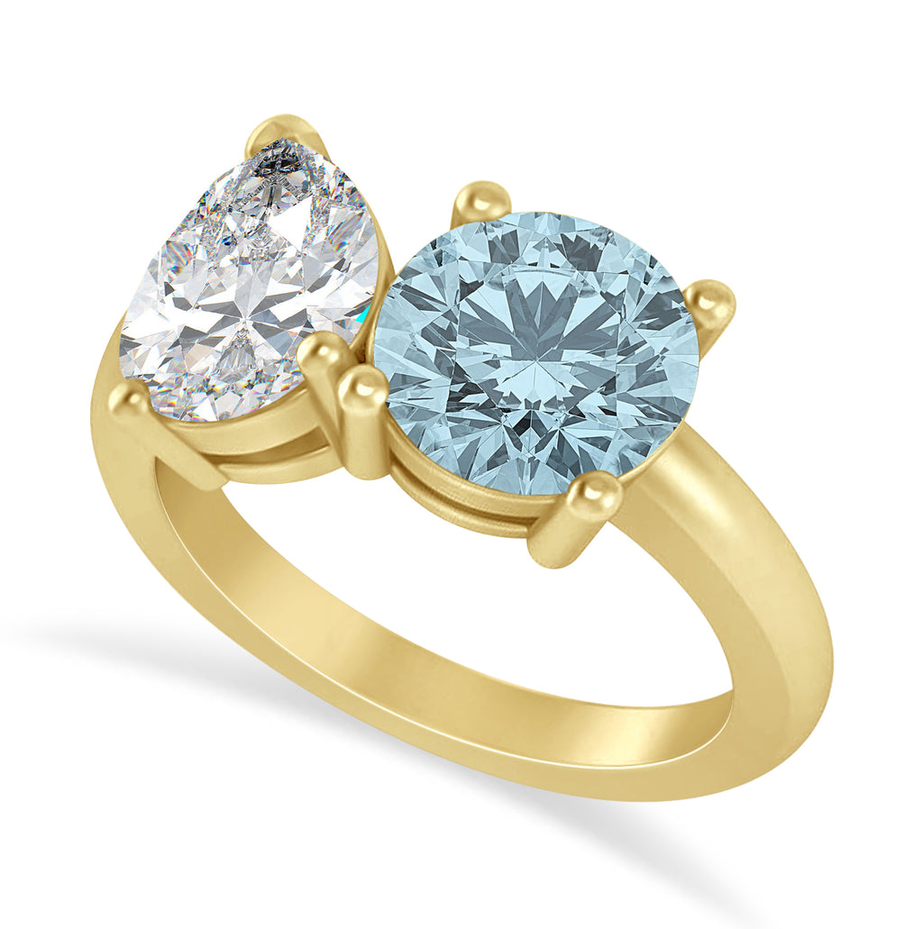 Round/Pear Diamond & Aquamarine Toi et Moi Ring 18k Yellow Gold (4.00ct)