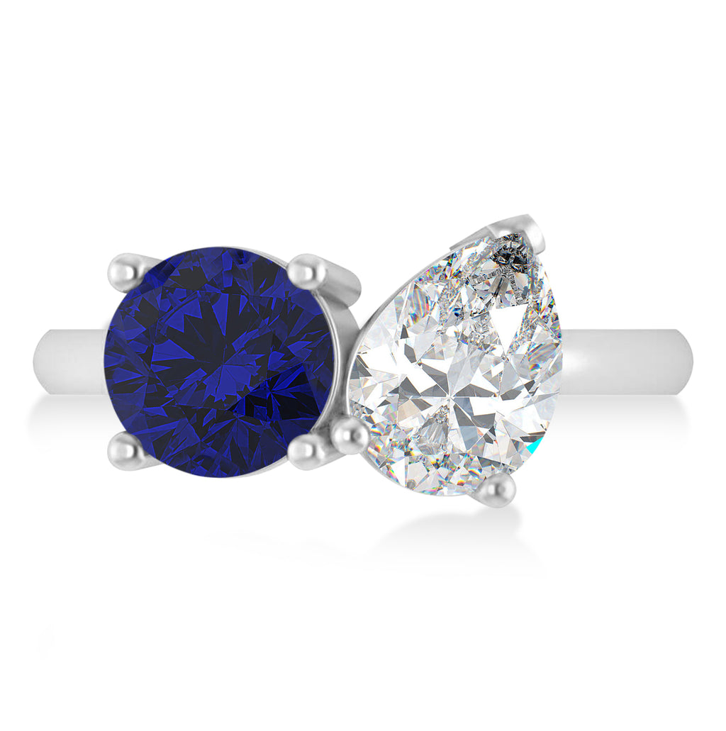 Round/Pear Diamond & Blue Sapphire Toi et Moi Ring 18k White Gold (4.00ct)