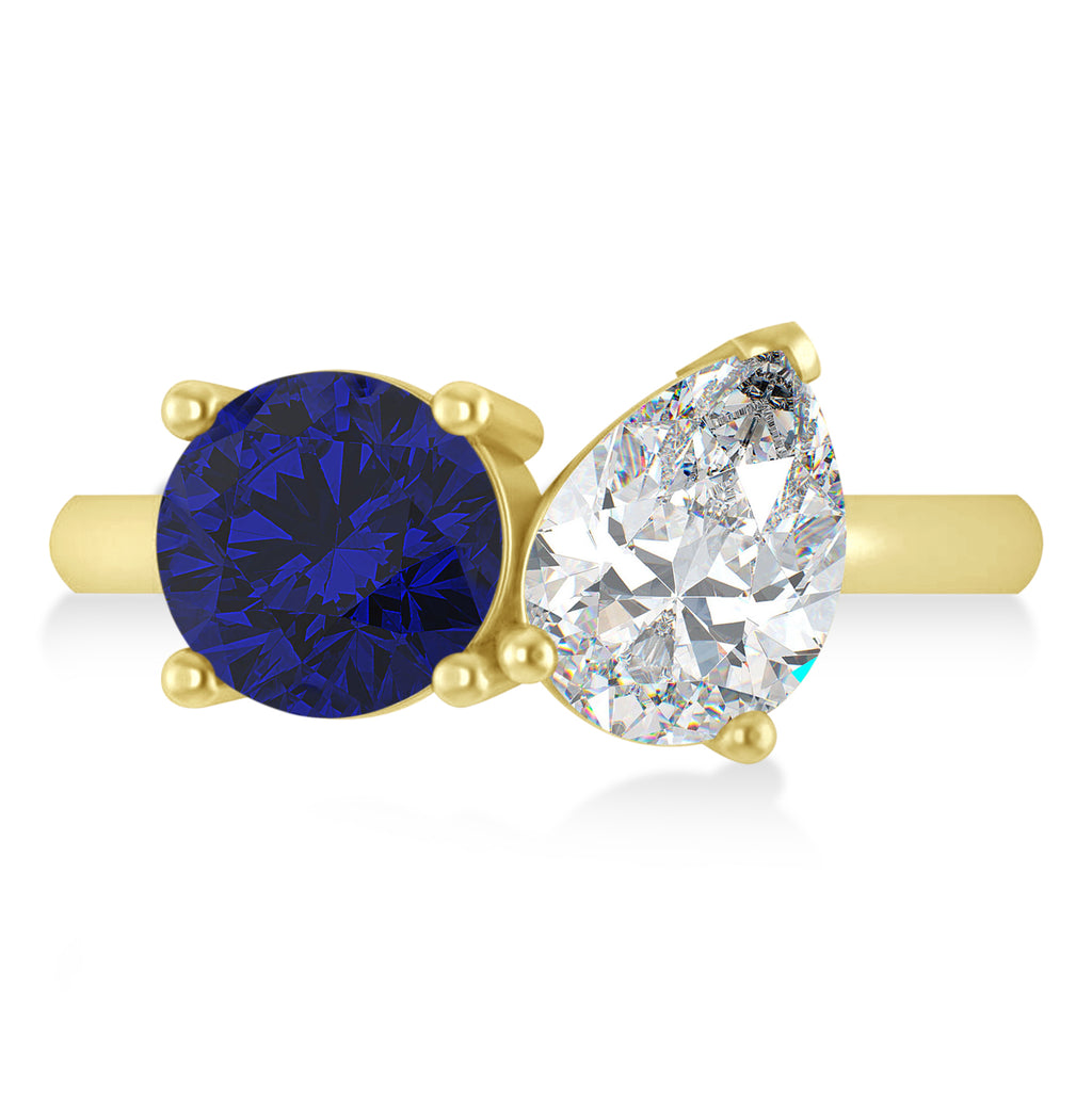 Round/Pear Diamond & Blue Sapphire Toi et Moi Ring 18k Yellow Gold (4.00ct)