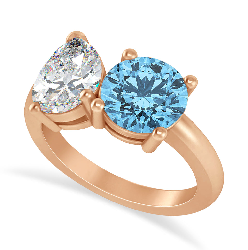 Round/Pear Diamond & Blue Topaz Toi et Moi Ring 14k Rose Gold (4.00ct)