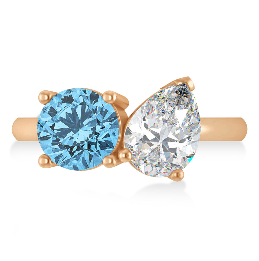 Round/Pear Diamond & Blue Topaz Toi et Moi Ring 14k Rose Gold (4.00ct)