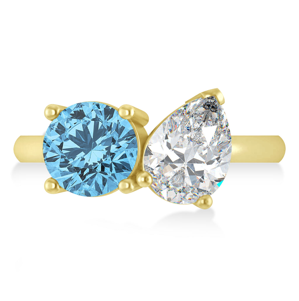 Round/Pear Diamond & Blue Topaz Toi et Moi Ring 14k Yellow Gold (4.00ct)