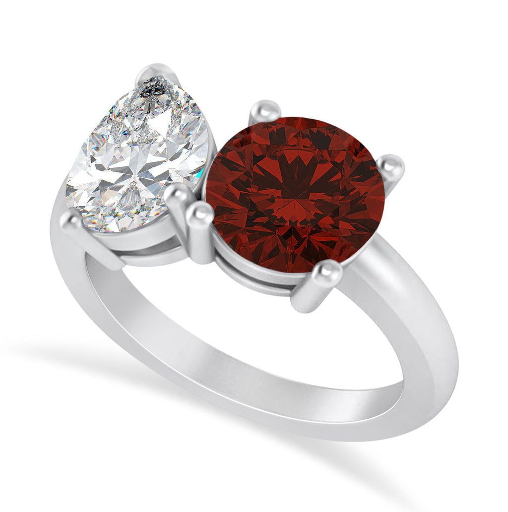 Round/Pear Diamond & Garnet Toi et Moi Ring 14k White Gold (4.00ct)