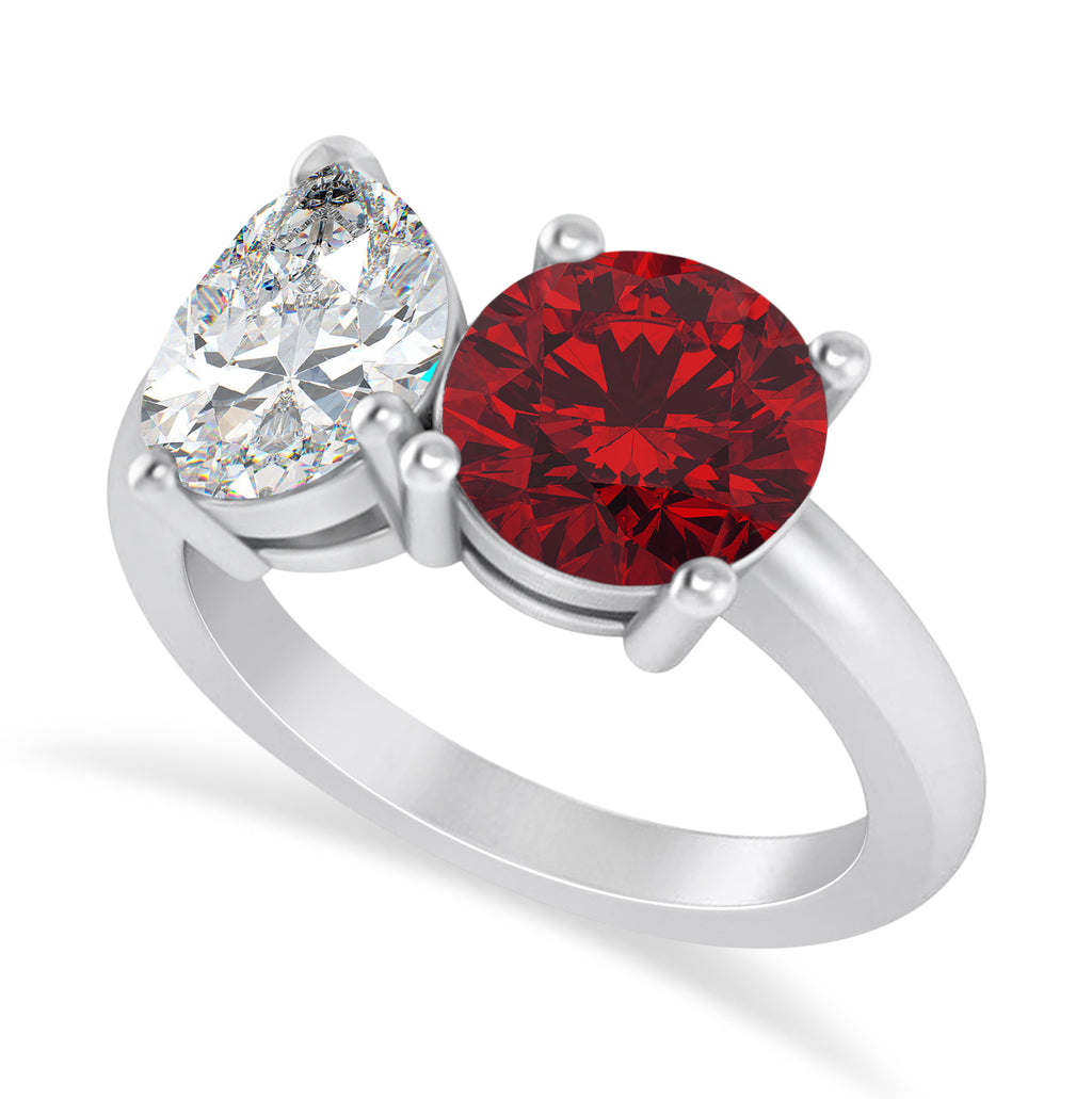 Round/Pear Diamond & Ruby Toi et Moi Ring 18k White Gold (4.00ct)