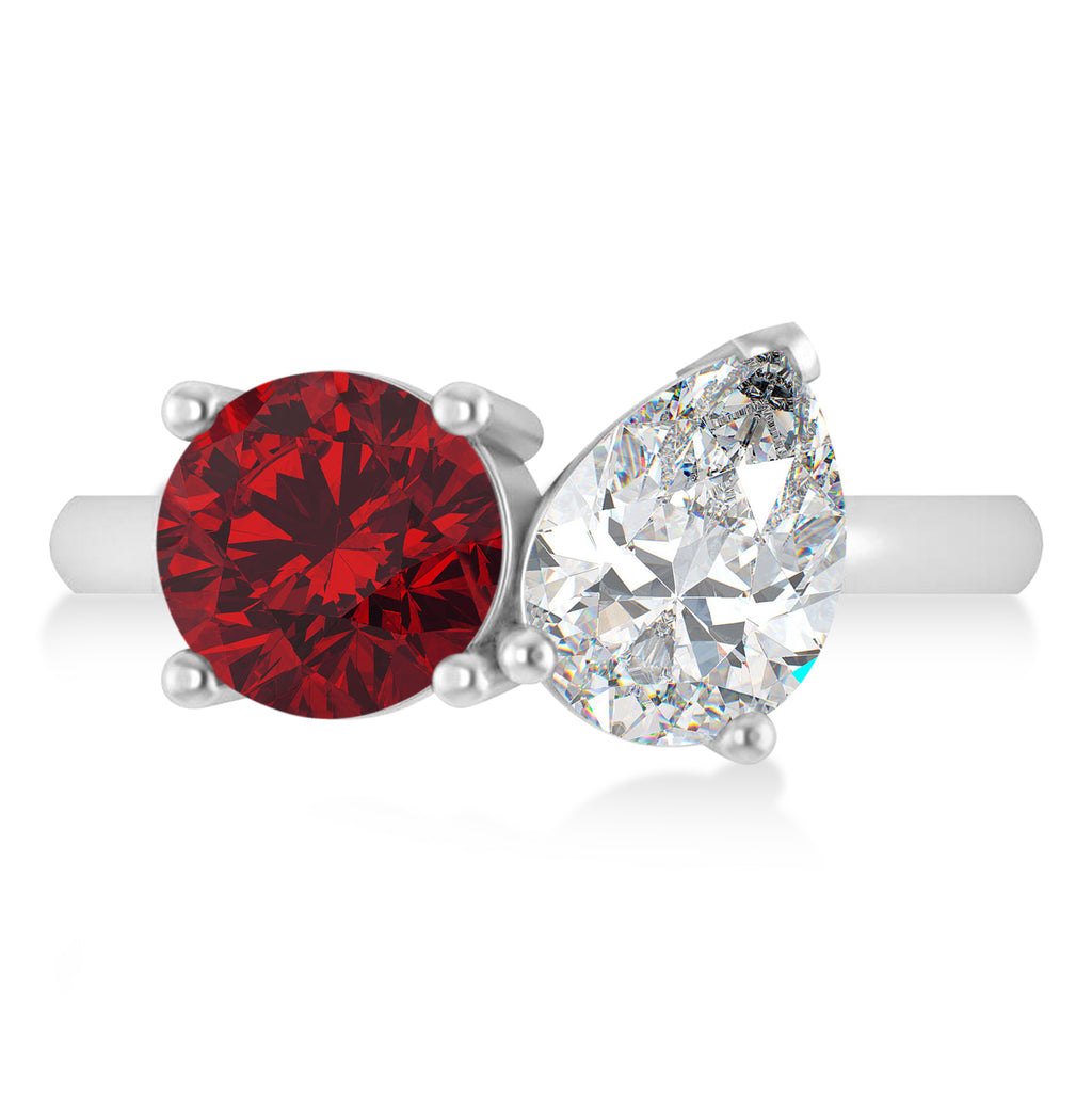 Round/Pear Diamond & Ruby Toi et Moi Ring 18k White Gold (4.00ct)