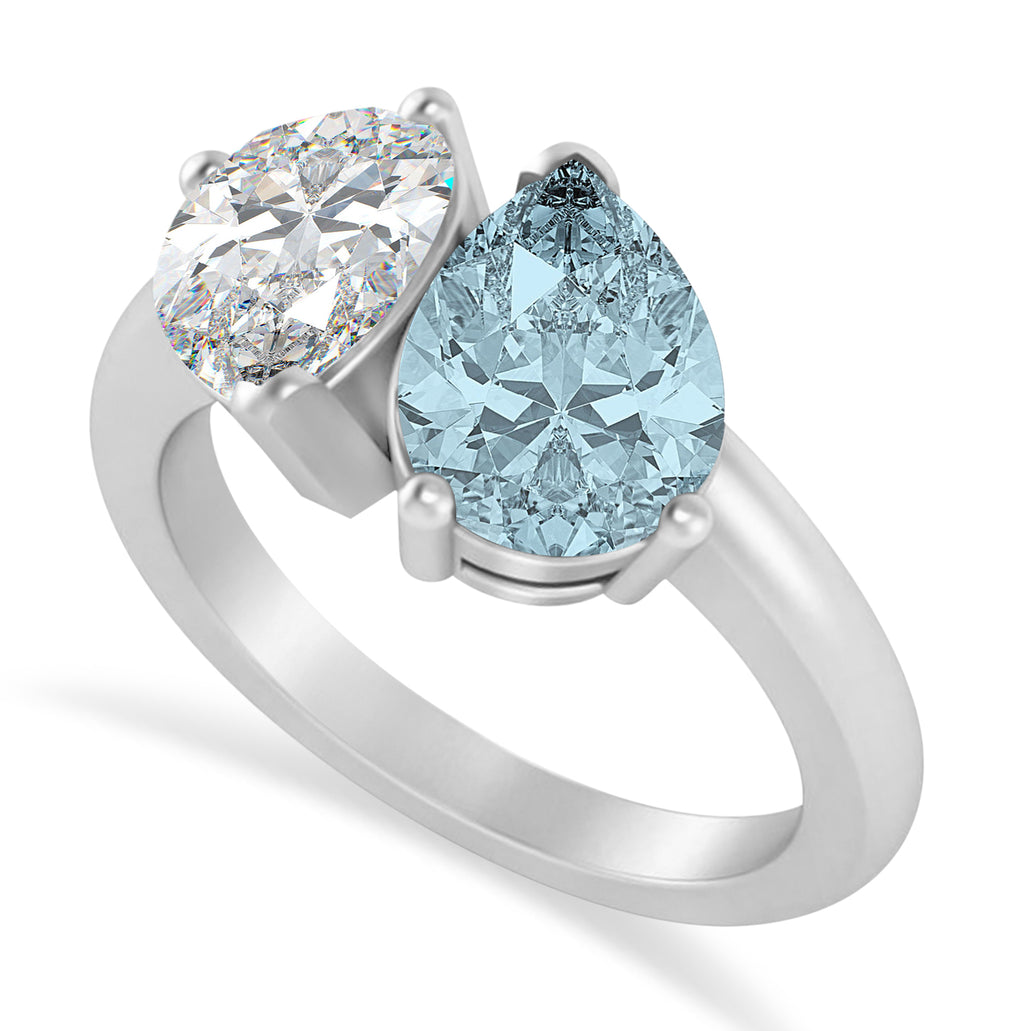 Pear/Pear Diamond & Aquamarine Toi et Moi Ring 14k White Gold (4.00ct)