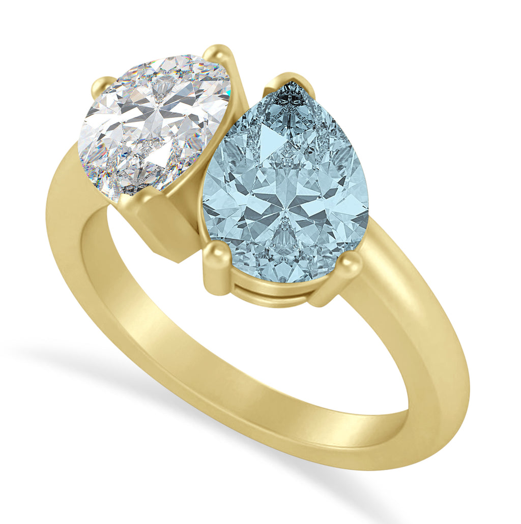 Pear/Pear Diamond & Aquamarine Toi et Moi Ring 18k Yellow Gold (4.00ct)