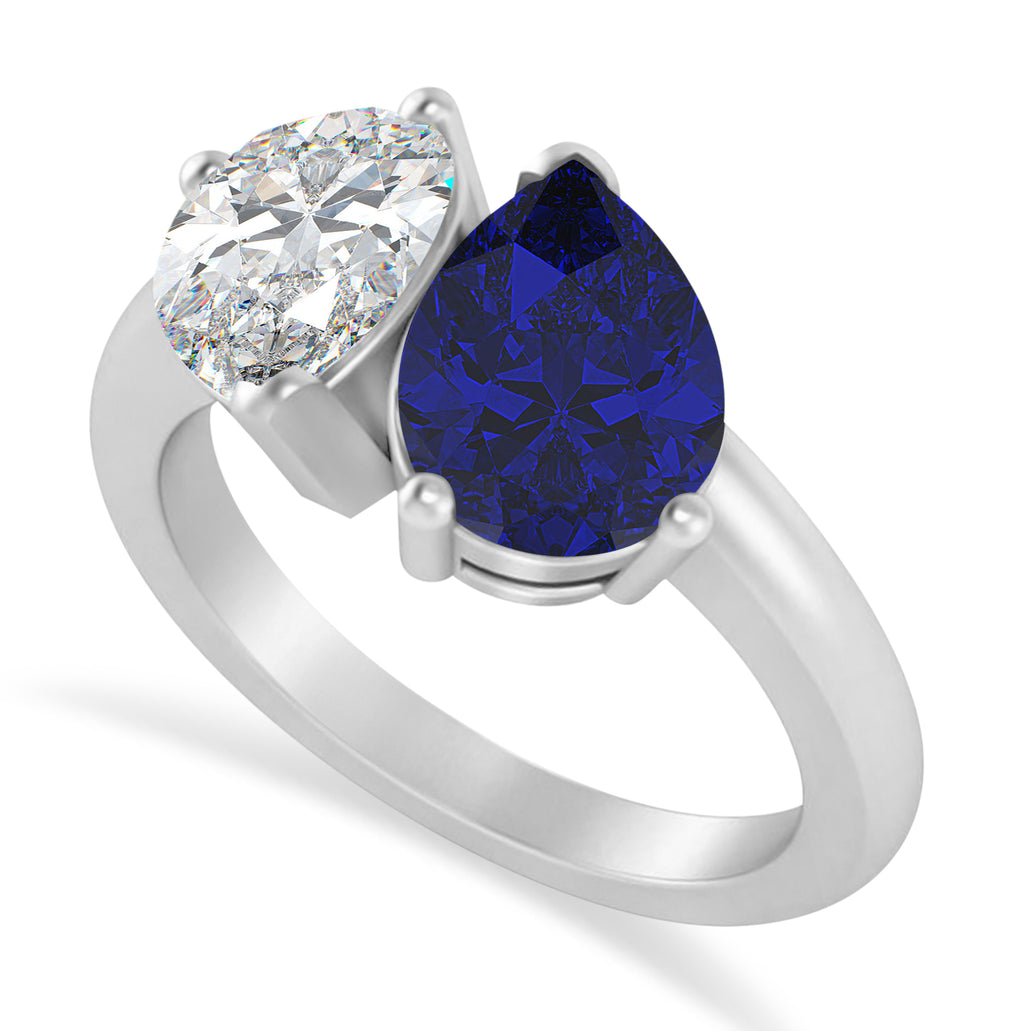 Pear/Pear Diamond & Blue Sapphire Toi et Moi Ring 14k White Gold (4.00ct)