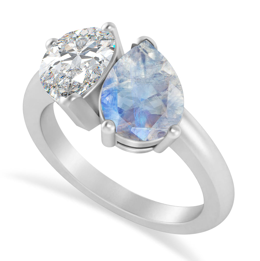 Pear/Pear Diamond & Moonstone Toi et Moi Ring 18k White Gold (4.00ct)