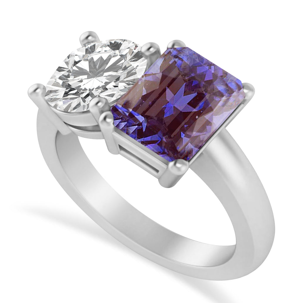 Emerald/Round Diamond & Lab Alexandrite Toi et Moi Ring 14k White Gold (4.50ct)