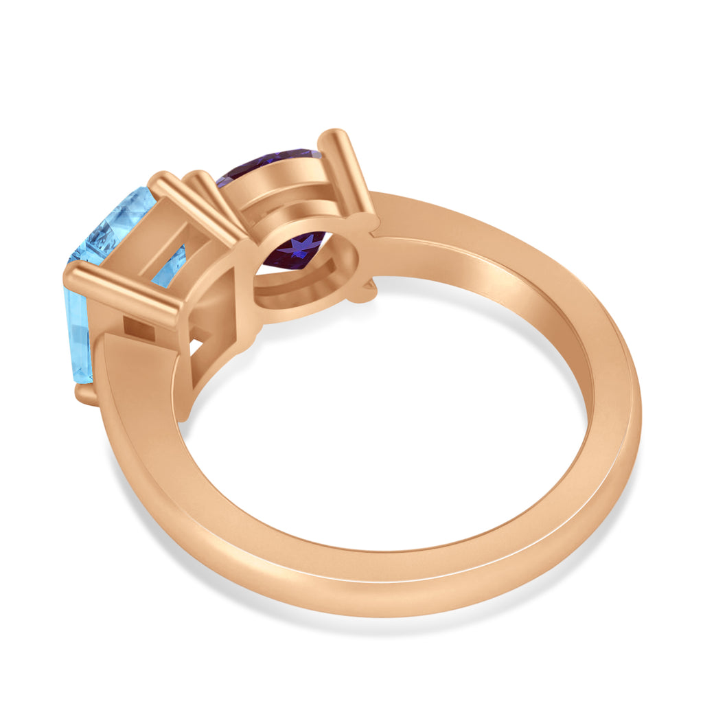 Emerald/Round Lab Alexandrite & Blue Topaz Toi et Moi Ring 14k Rose Gold (4.50ct)