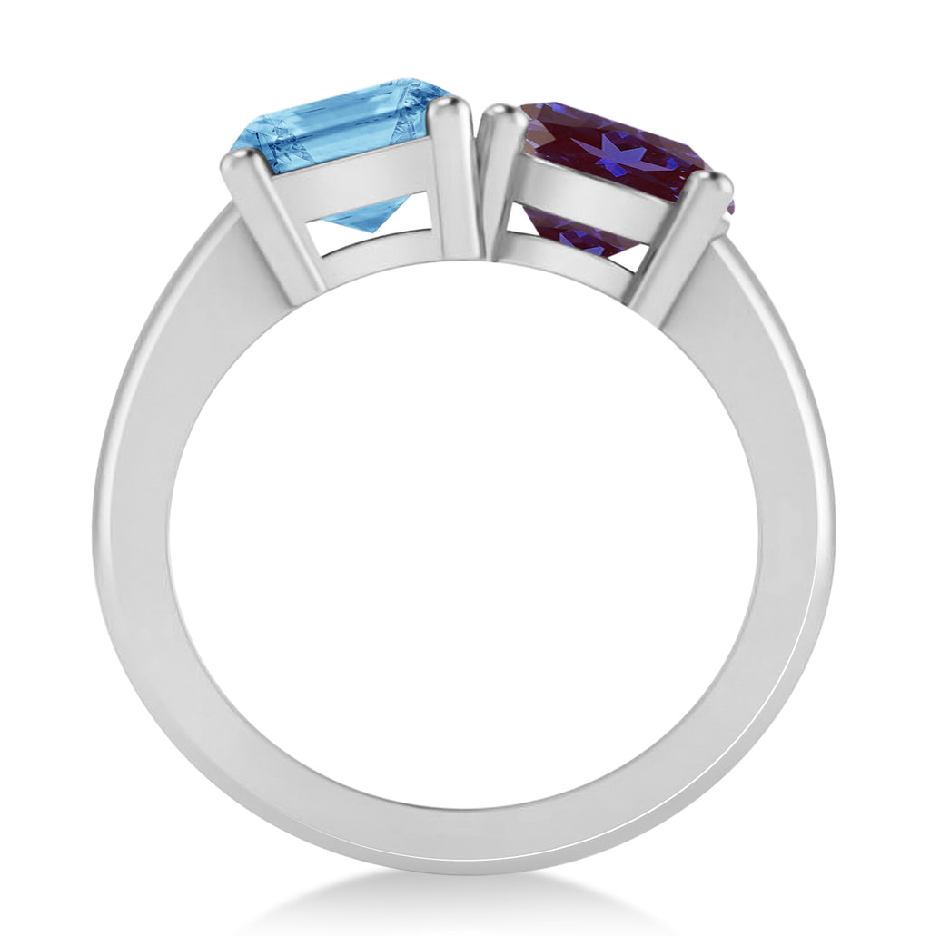 Emerald/Round Lab Alexandrite & Blue Topaz Toi et Moi Ring 14k White Gold (4.50ct)