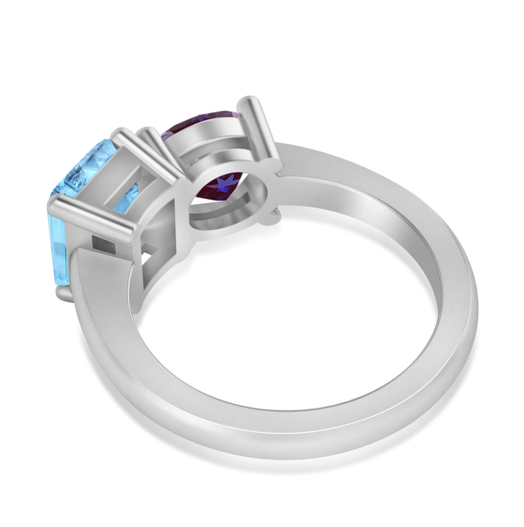 Emerald/Round Lab Alexandrite & Blue Topaz Toi et Moi Ring 18k White Gold (4.50ct)