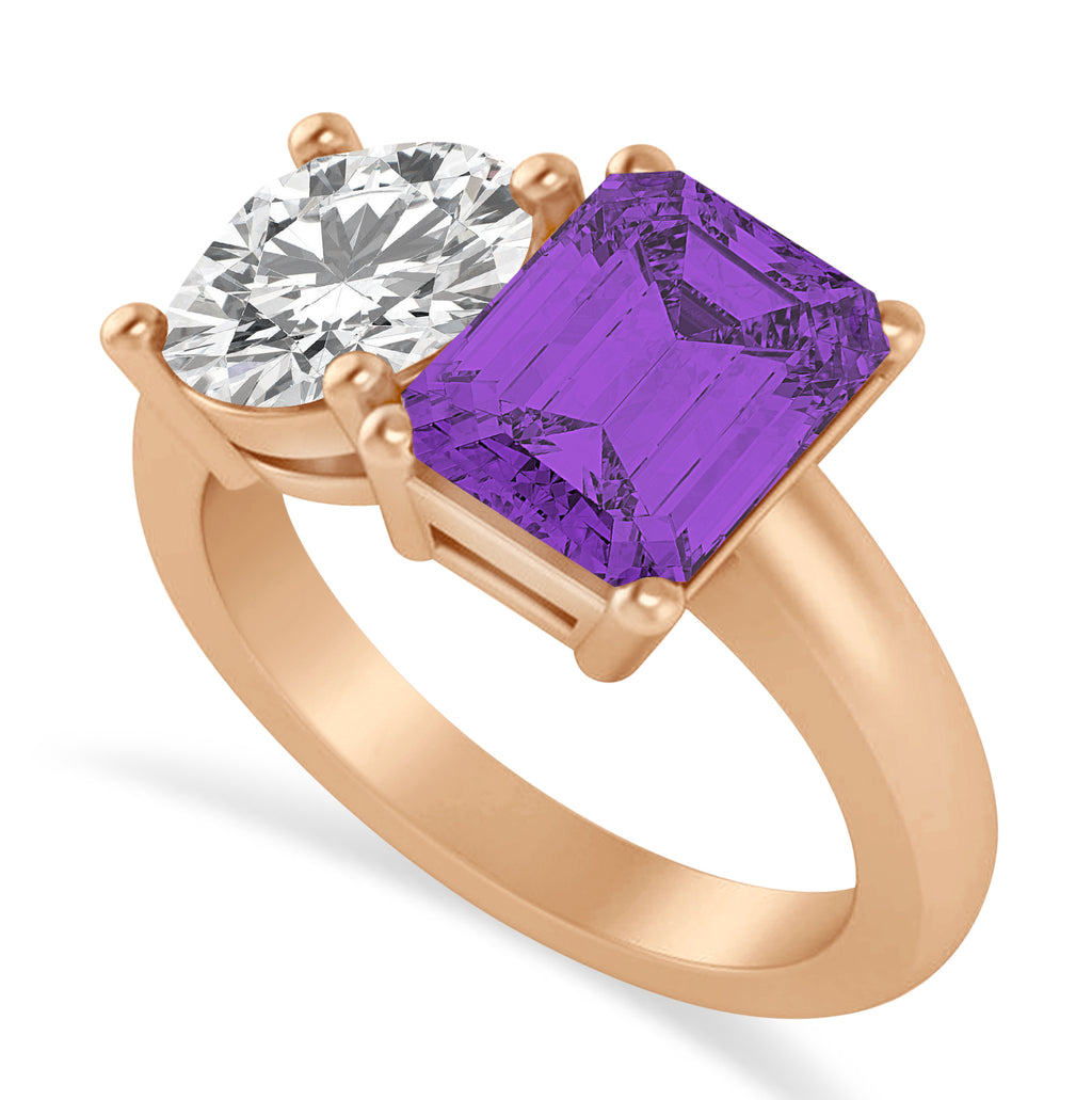 Emerald/Round Diamond & Amethyst Toi et Moi Ring 14k Rose Gold (4.50ct)