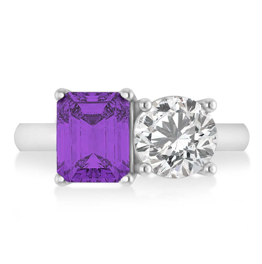 Emerald/Round Diamond & Amethyst Toi et Moi Ring 14k White Gold (4.50ct)