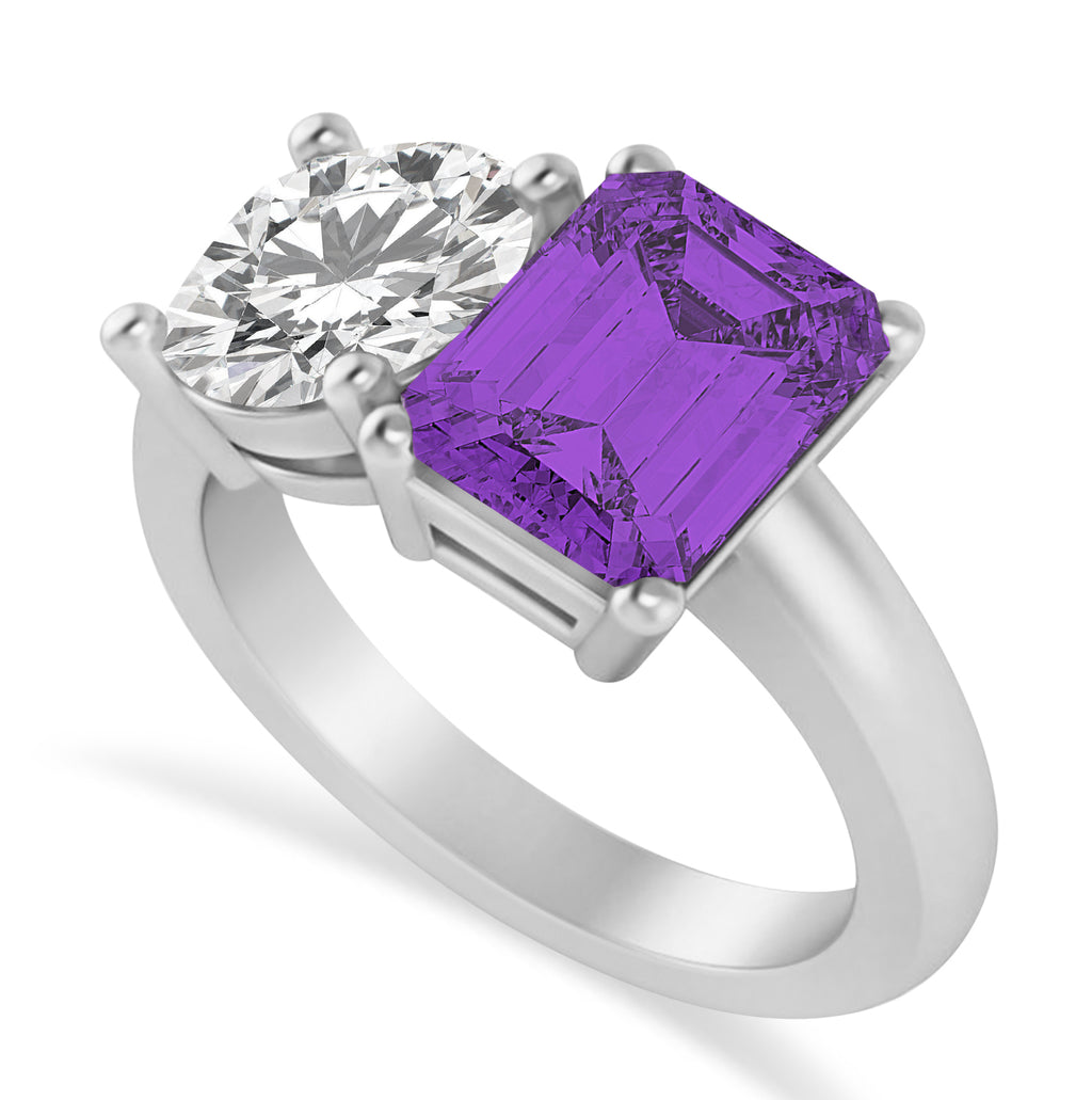 Emerald/Round Diamond & Amethyst Toi et Moi Ring 18k White Gold (4.50ct)