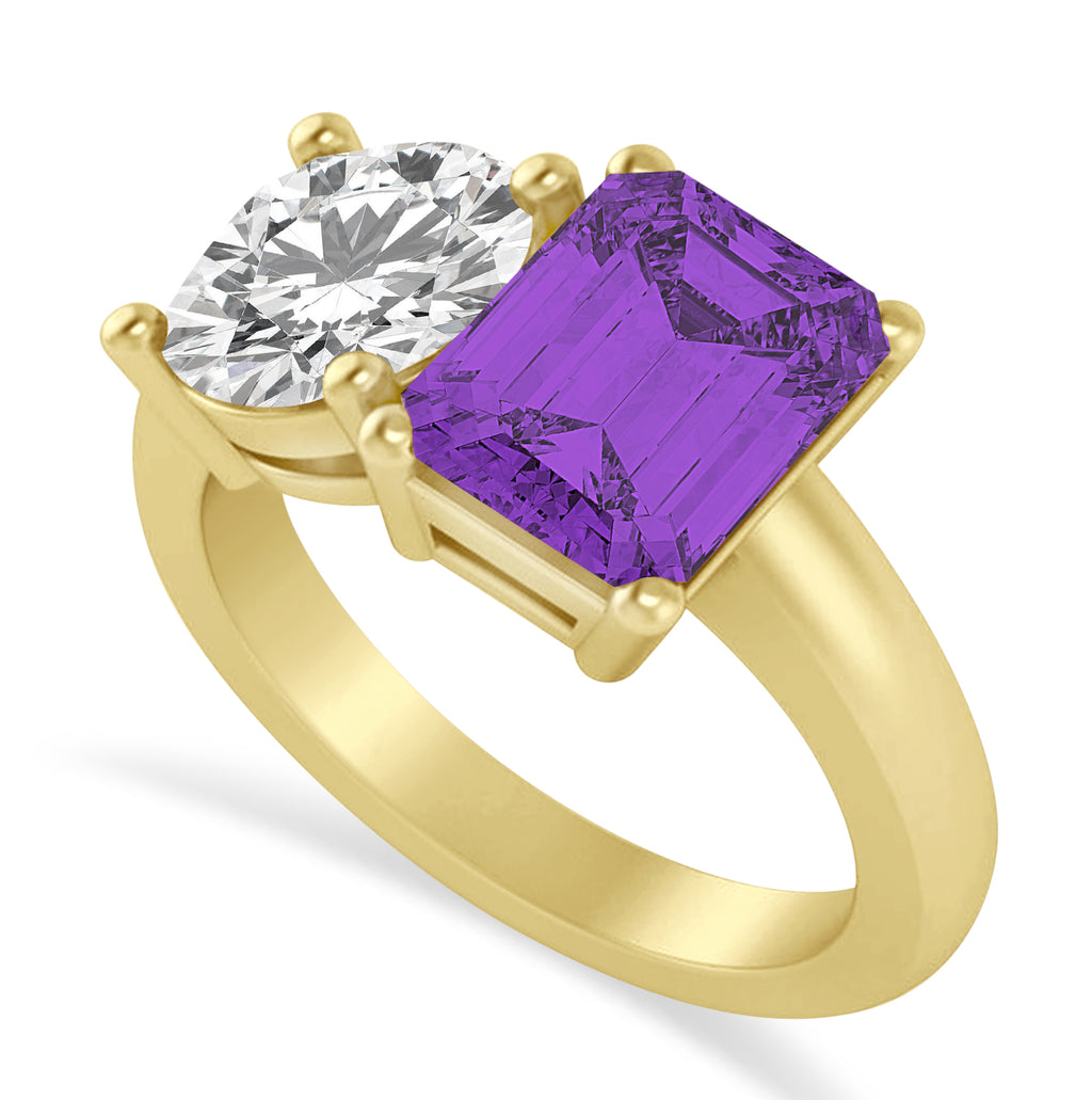 Emerald/Round Diamond & Amethyst Toi et Moi Ring 18k Yellow Gold (4.50ct)