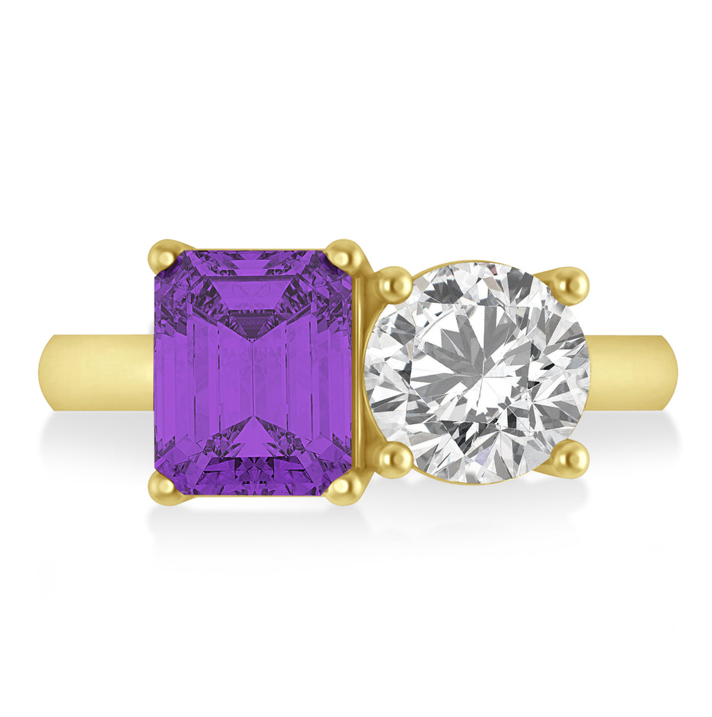 Emerald/Round Diamond & Amethyst Toi et Moi Ring 18k Yellow Gold (4.50ct)