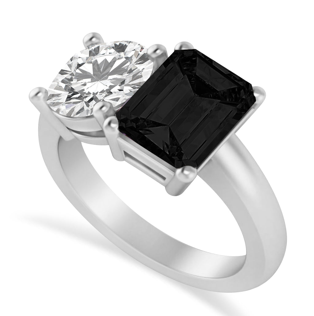 Emerald/Round Black & White Diamond Toi et Moi Ring 14k White Gold (4.50ct)