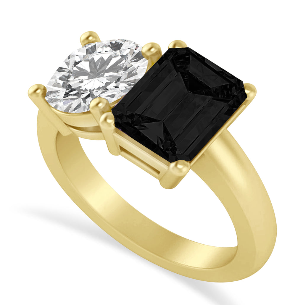Emerald/Round Black & White Diamond Toi et Moi Ring 14k Yellow Gold (4.50ct)