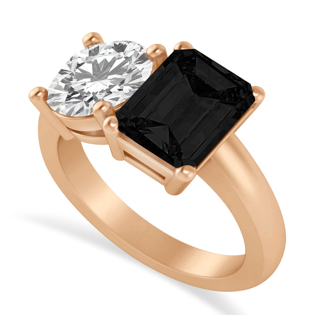 Emerald/Round Black & White Diamond Toi et Moi Ring 18k Rose Gold (4.50ct)