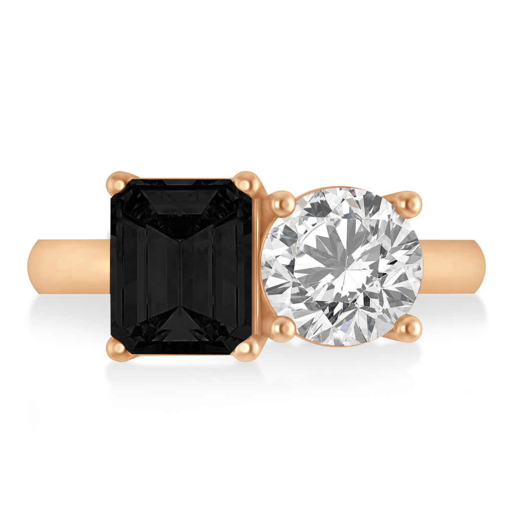 Emerald/Round Black & White Diamond Toi et Moi Ring 18k Rose Gold (4.50ct)