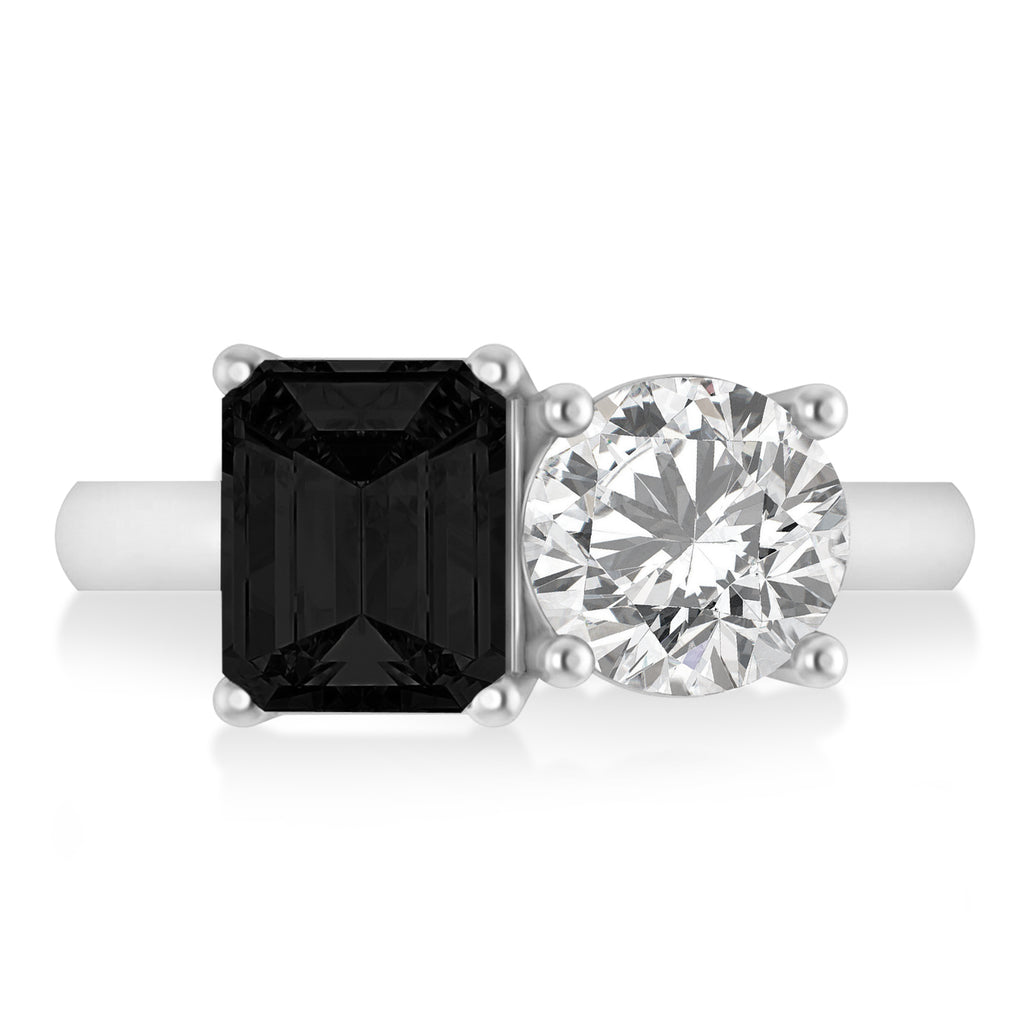 Emerald/Round Black & White Diamond Toi et Moi Ring 18k White Gold (4.50ct)