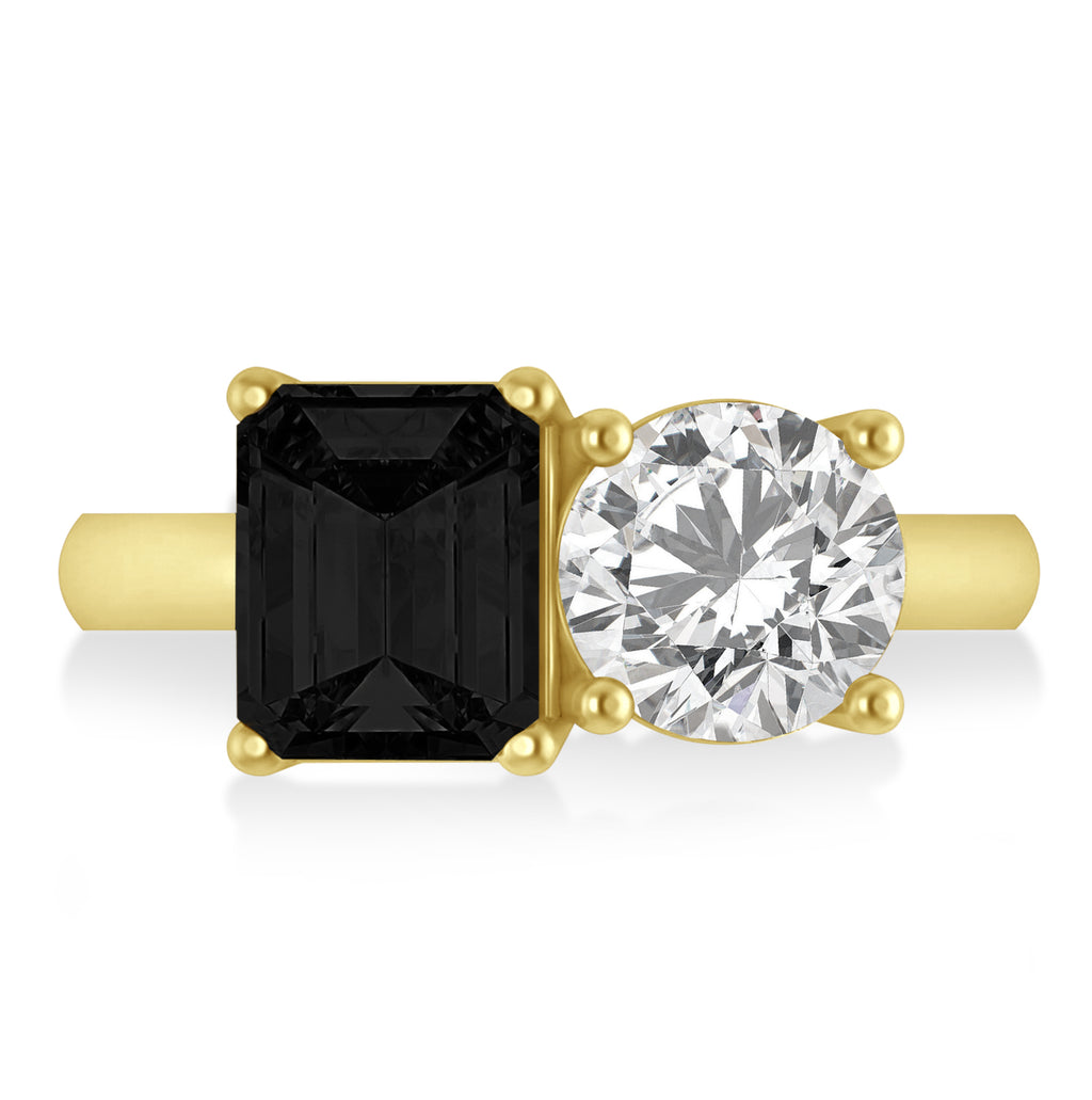 Emerald/Round Black & White Diamond Toi et Moi Ring 18k Yellow Gold (4.50ct)