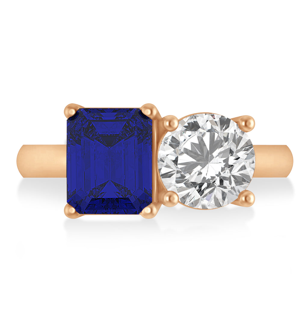 Emerald/Round Diamond & Blue Sapphire Toi et Moi Ring 14k Rose Gold (4.50ct)
