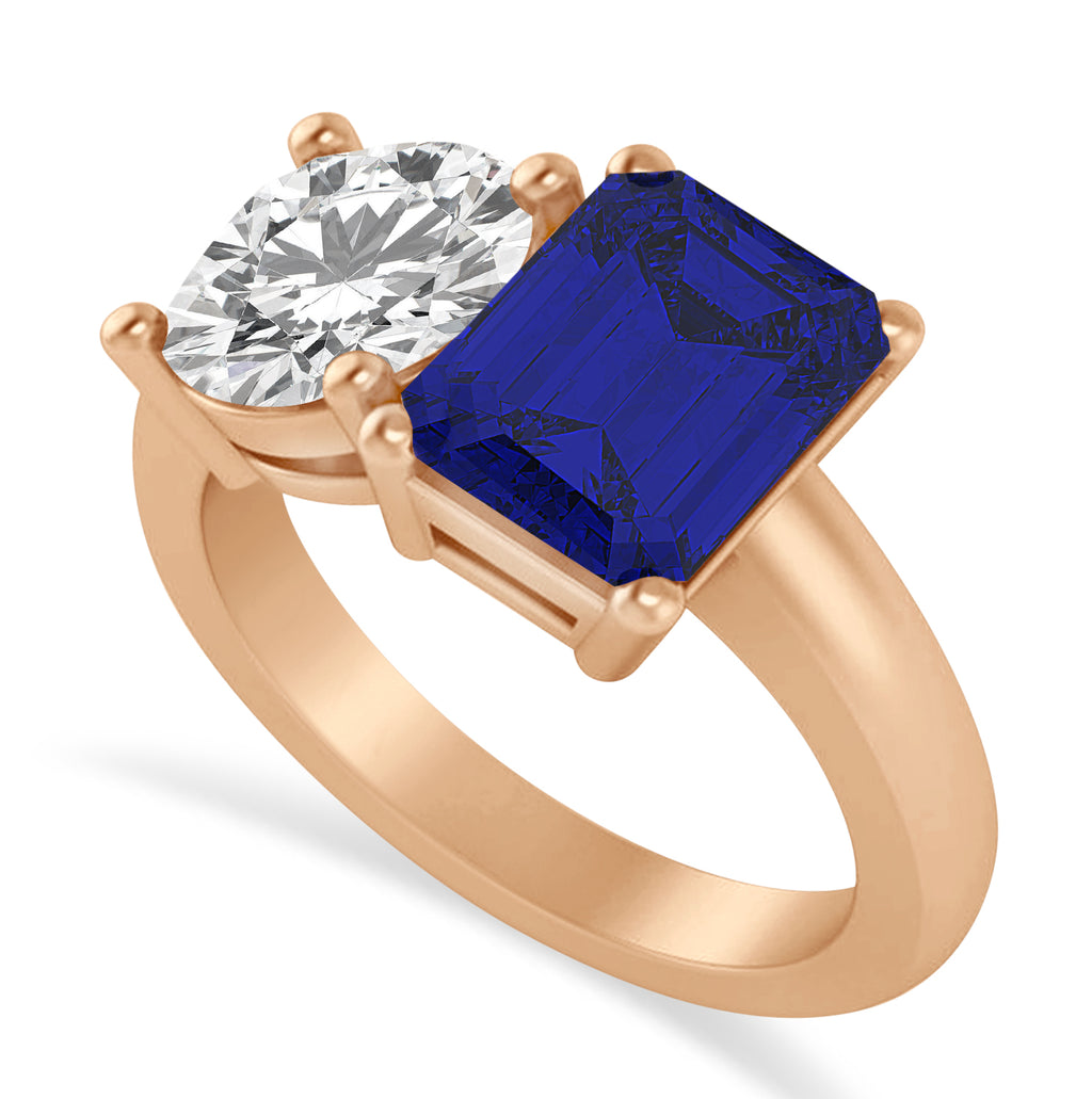 Emerald/Round Diamond & Blue Sapphire Toi et Moi Ring 18k Rose Gold (4.50ct)