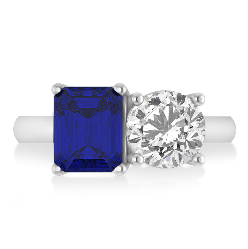 Emerald/Round Diamond & Blue Sapphire Toi et Moi Ring 18k White Gold (4.50ct)