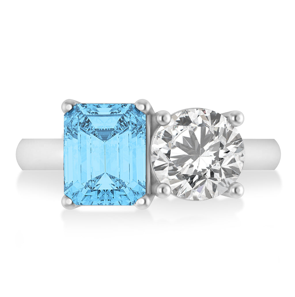 Emerald/Round Diamond & Blue Topaz Toi et Moi Ring Platinum (4.50ct)