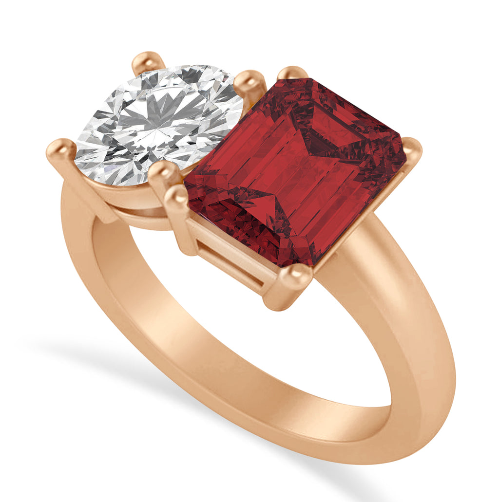 Emerald/Round Diamond & Garnet Toi et Moi Ring 14k Rose Gold (4.50ct)